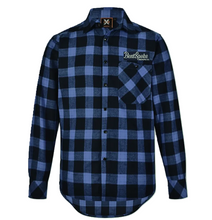 Load image into Gallery viewer, A long-sleeve button-up flannel shirt in a blue and black plaid pattern, featuring a left chest pocket with a 'RentSpoke Transportation' logo embroidered on it.