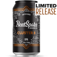 Load image into Gallery viewer, A single BentSpoke Brewing Co. Cluster 8 IPA can on a white background, featuring a black label with white and orange graphics and text.